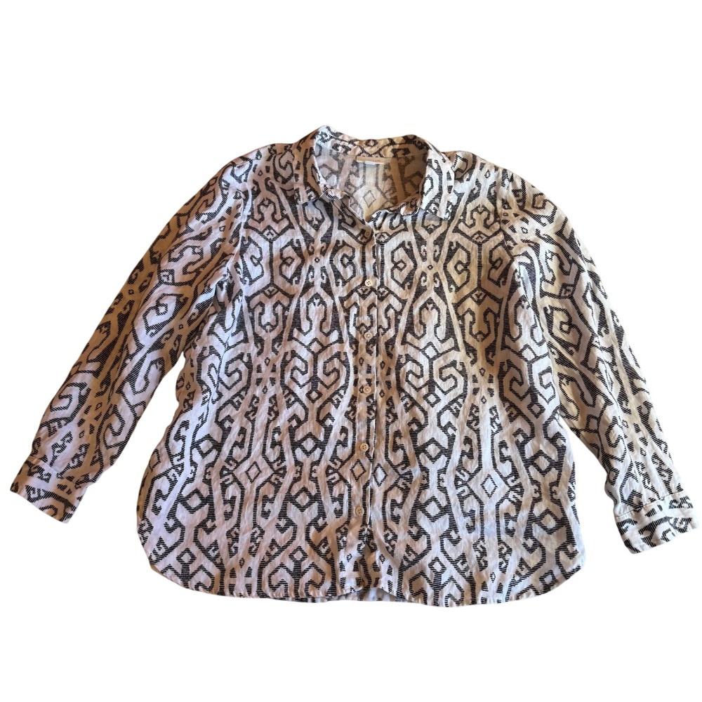 J. Jill Love Linen 100% Linen Button Up, White Black Print, Size L‎ Petite